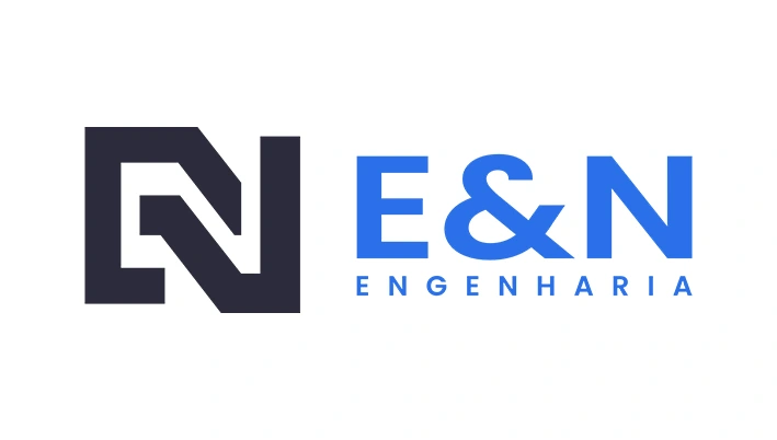 Nova marca E&N Engenharia, com símbolo geométrico e tipografia azul